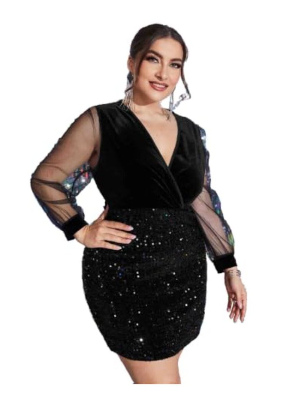 Plus Size Sequin Bodycon Mini Dress V-Neck Long Sleeve Velvet Party